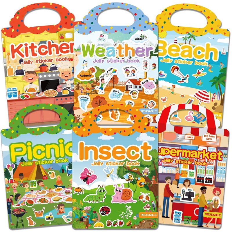 CREATIVETREES 6 Sets Reusable Sticker Book for Toddlers 3-6, Jelly Sticker Books for Toddler, Travel Sticker Activity Toys for Kids 3 4 5 6 Years Old Girls & Boys - Image 1
