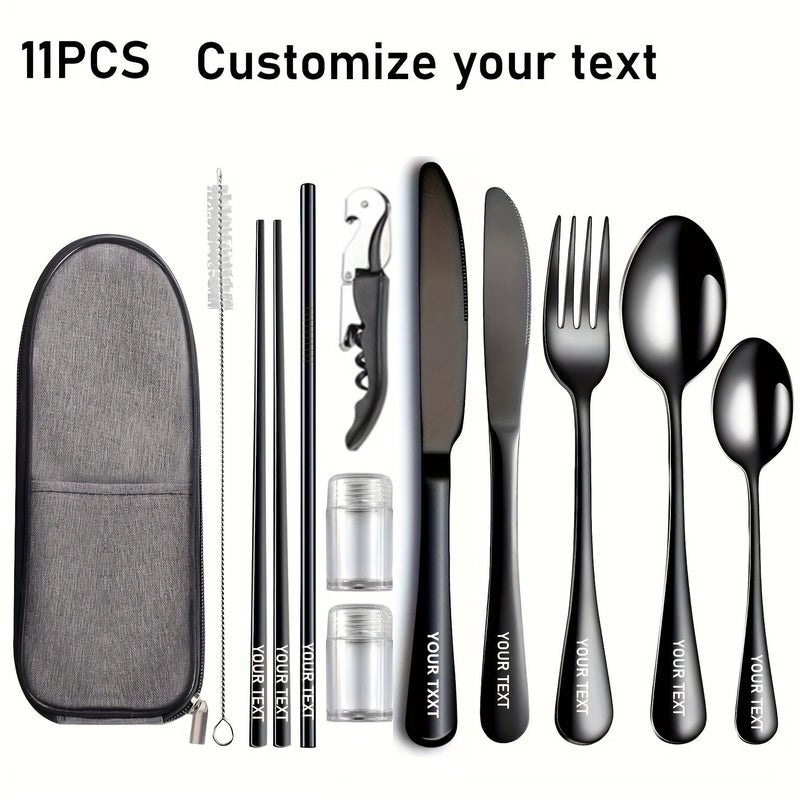 11 Piece Silver Stainless Steel Outdoor Travel Tableware Set with Box Cutlery Spoons Chopsticks Straws Seasoning Bottles Reusable Portable Camping Picnic Lunch Box - Image 1