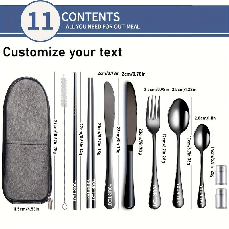 11 Piece Silver Stainless Steel Outdoor Travel Tableware Set with Box Cutlery Spoons Chopsticks Straws Seasoning Bottles Reusable Portable Camping Picnic Lunch Box - Image 3
