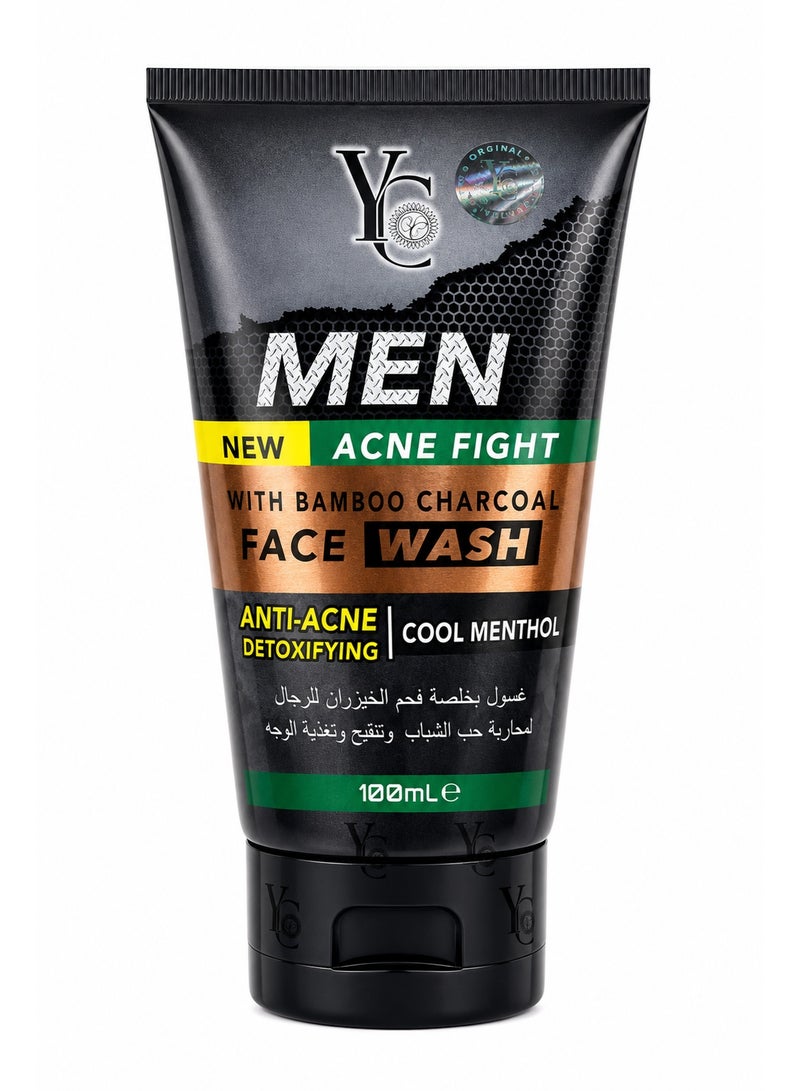 YC Men Acne Fight Face Wash with Bamboo Charcoal, Anti-Acne Detoxifying Formula, 100ml - Image 1