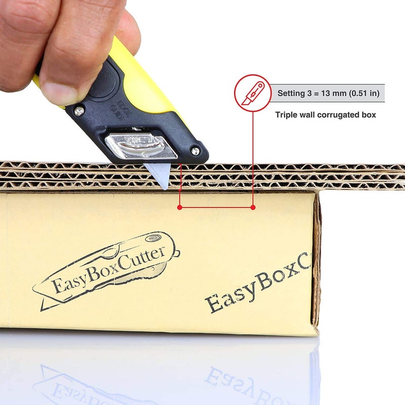 Easy Cut Modern Box Cutter, extra tape cutter at back, dual side edge guide, 3 blade depth setting, 2 blades and holster - Yellow Color 2000 STD - Image 5
