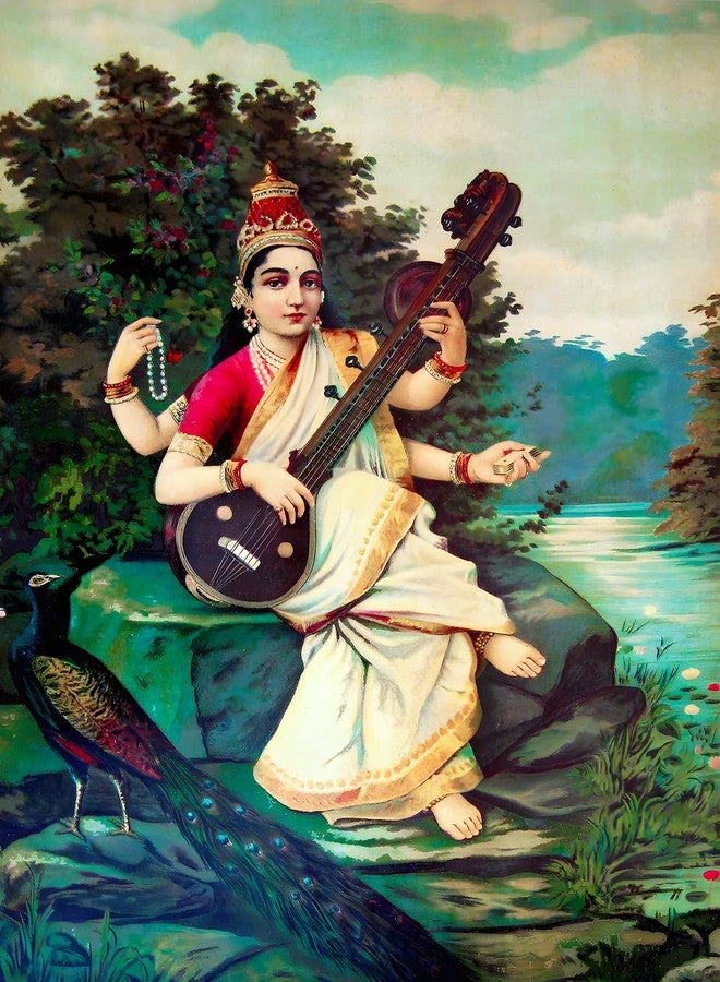 Roostaflag Goddess Saraswati - Ravi Varma Paintings Poster for Wall | Raja Ravi Varma Paintings Sticker | Ravi Varma Wall Art Posters for Living Room Decoration - Image 1