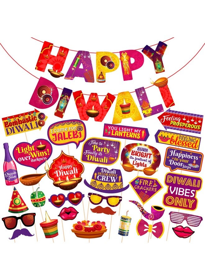 Zyozique 31 Pieces Happy Diwali Party Photo Booth Props and Paper Banner Kit Festival of Lights Prop for Photoshoot Diwali Party Picture Selfie Stick Props Party Decoration Supplies - Image 1
