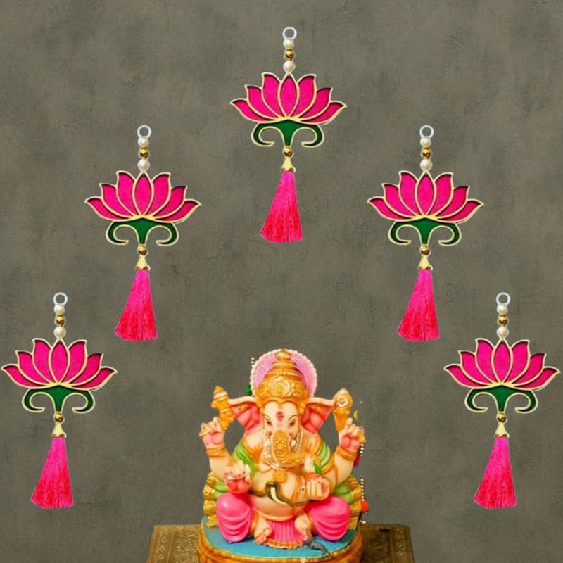 RR Crafts MDF Lotus with Pink Tassel Hanging – Set of 6 Decorative Hangings for Home, Pooja Room, Diwali Decoration, Door, Wall, Temple & Festive Décor Items - Image 1