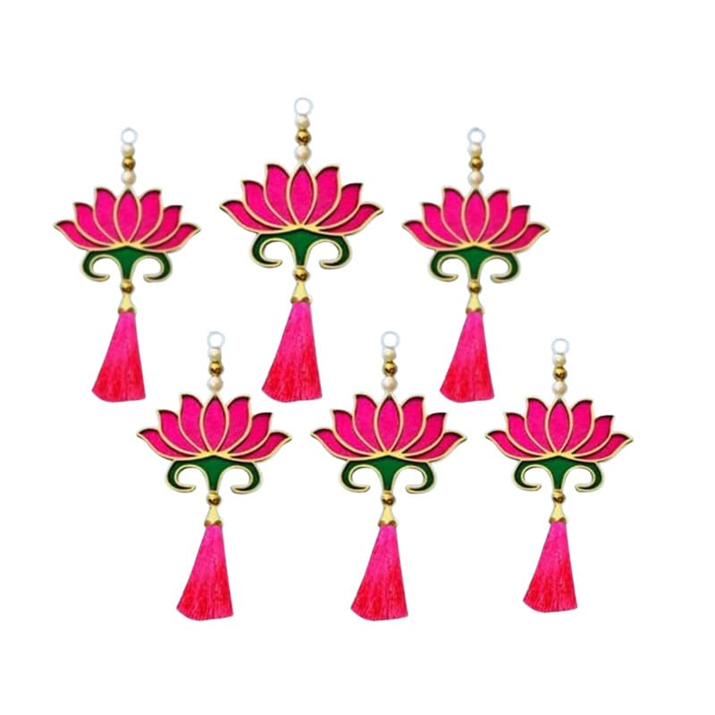 RR Crafts MDF Lotus with Pink Tassel Hanging – Set of 6 Decorative Hangings for Home, Pooja Room, Diwali Decoration, Door, Wall, Temple & Festive Décor Items - Image 2