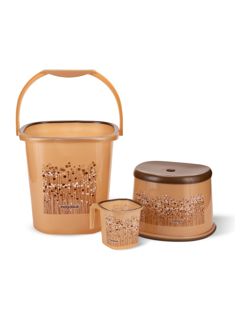 NAYASA Nayasa Funk Square 3 Pcs Bathroom Set | Bucket 25 L + Mug 1.5 L + 508 Stool | Bathroom Set | Bath Set for Bathroom | Brown  - Image 1