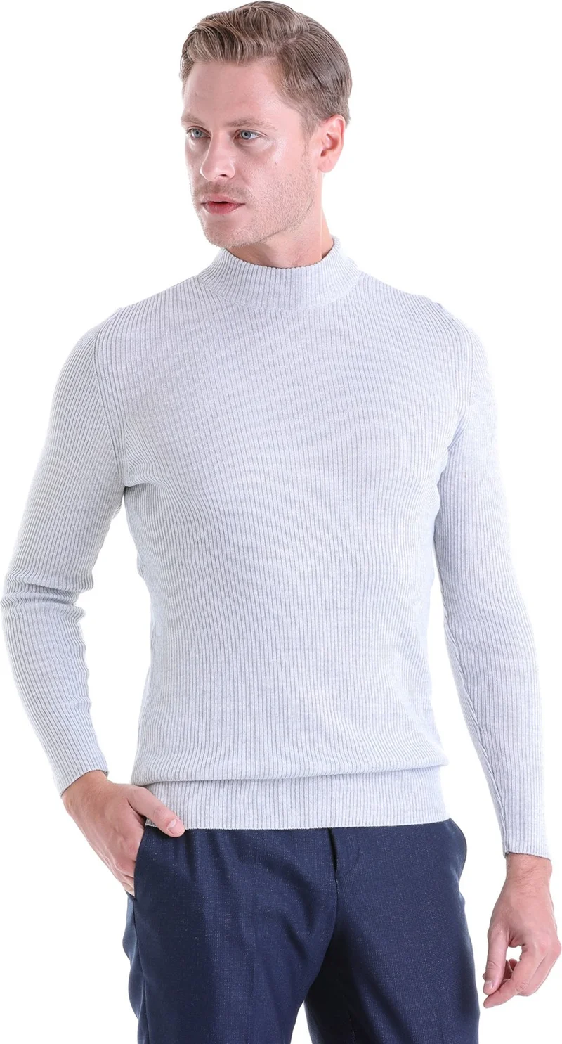 هاتيموغلو Gray Regular Fit Plain Turtleneck Classic Wool Knitwear Sweater