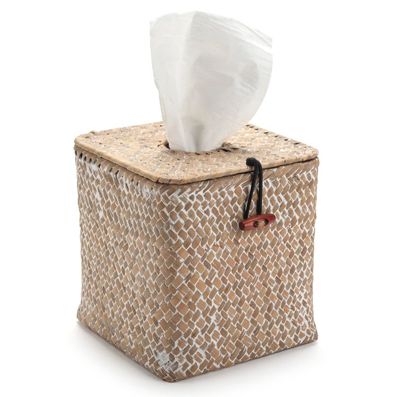 DECRAFTS Seagrass Square Tissue Box Cover Woven Napkin Holder Decorative for Bathroom Farmhouse (Whitewash, 5.5 x 5.5 x 5.5 Inch) - Image 1