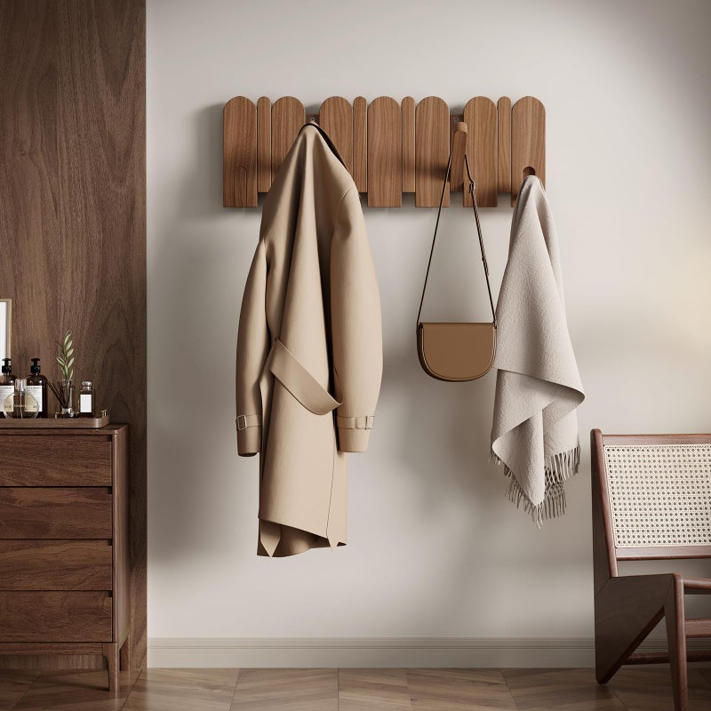 Sueuapp Walnut Wood Coat Rack Wall Mount,16.5" Wall Mounted Coat Rack with 8 Retractable Hangers,Heavy Duty Coat Hooks for Hanging Coats,Hats,Towels,Bags,Key Holder for Entryway - Image 2
