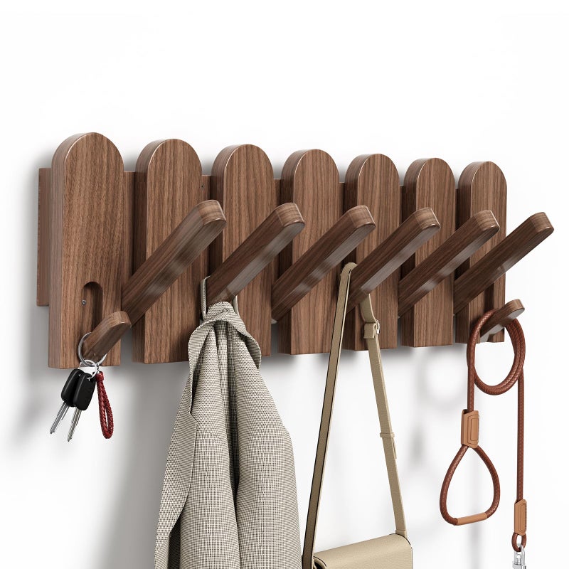Sueuapp Walnut Wood Coat Rack Wall Mount,16.5" Wall Mounted Coat Rack with 8 Retractable Hangers,Heavy Duty Coat Hooks for Hanging Coats,Hats,Towels,Bags,Key Holder for Entryway - Image 1