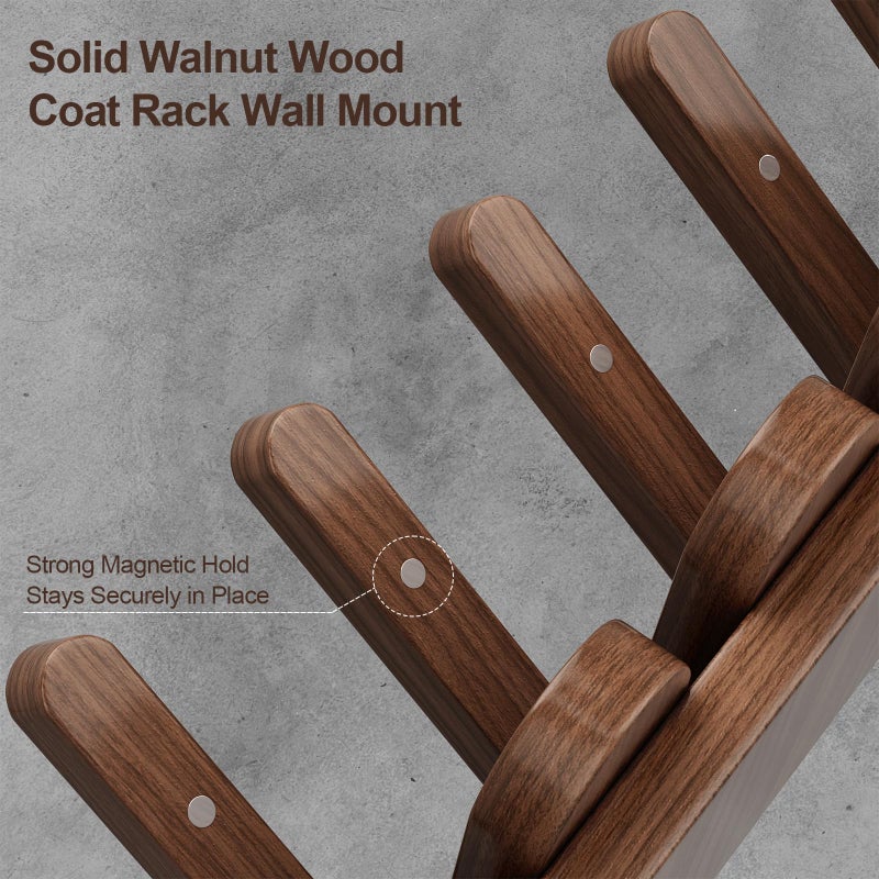 Sueuapp Walnut Wood Coat Rack Wall Mount,16.5" Wall Mounted Coat Rack with 8 Retractable Hangers,Heavy Duty Coat Hooks for Hanging Coats,Hats,Towels,Bags,Key Holder for Entryway - Image 3
