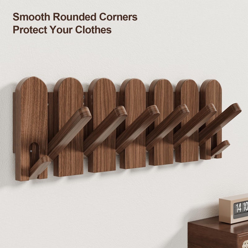 Sueuapp Walnut Wood Coat Rack Wall Mount,16.5" Wall Mounted Coat Rack with 8 Retractable Hangers,Heavy Duty Coat Hooks for Hanging Coats,Hats,Towels,Bags,Key Holder for Entryway - Image 5