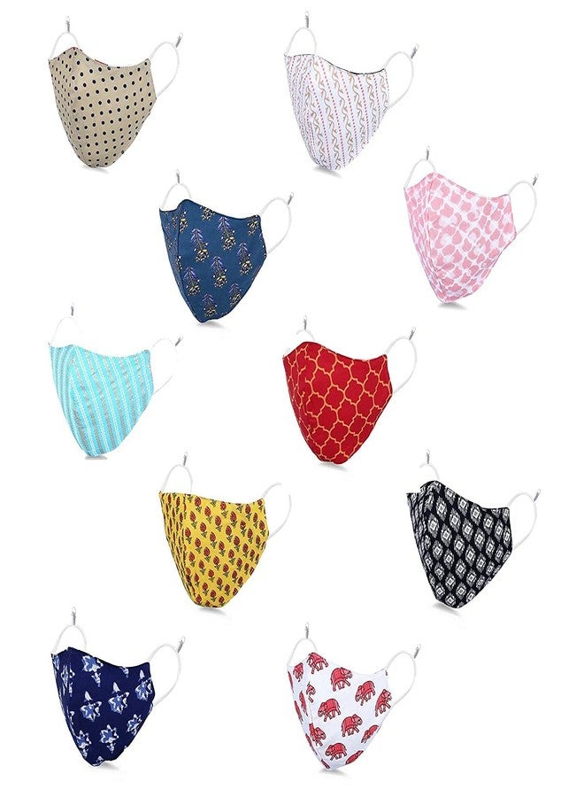 MAPLE Cotton Face Mask for Women Men (Multicolor, Random Mix Design Rajasthani Sanganeri Print Washable Reusable 3 Layers of Cloth With Adjustable Elastic Loop (5) - Image 1