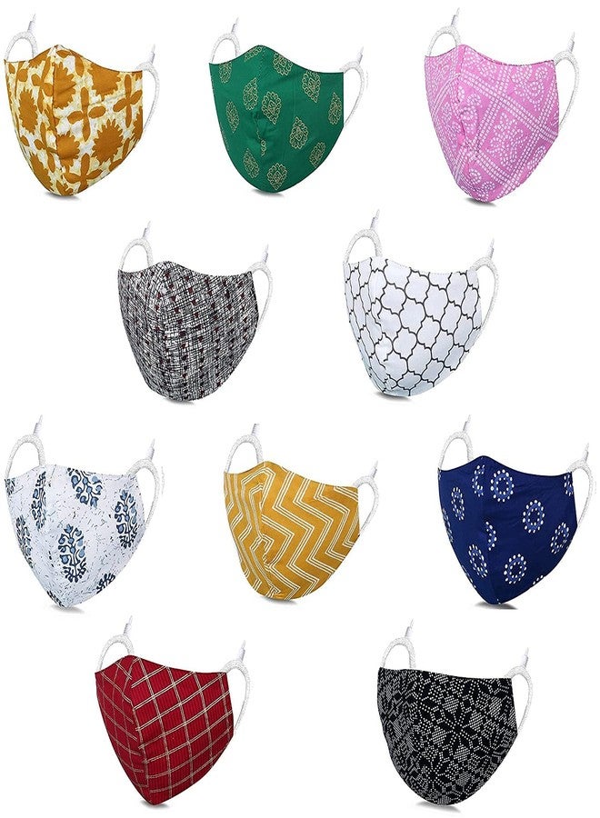 MAPLE Cotton Face Mask for Women Men (Multicolor, Random Mix Design Rajasthani Sanganeri Print Washable Reusable 3 Layers of Cloth With Adjustable Elastic Loop (5) - Image 2