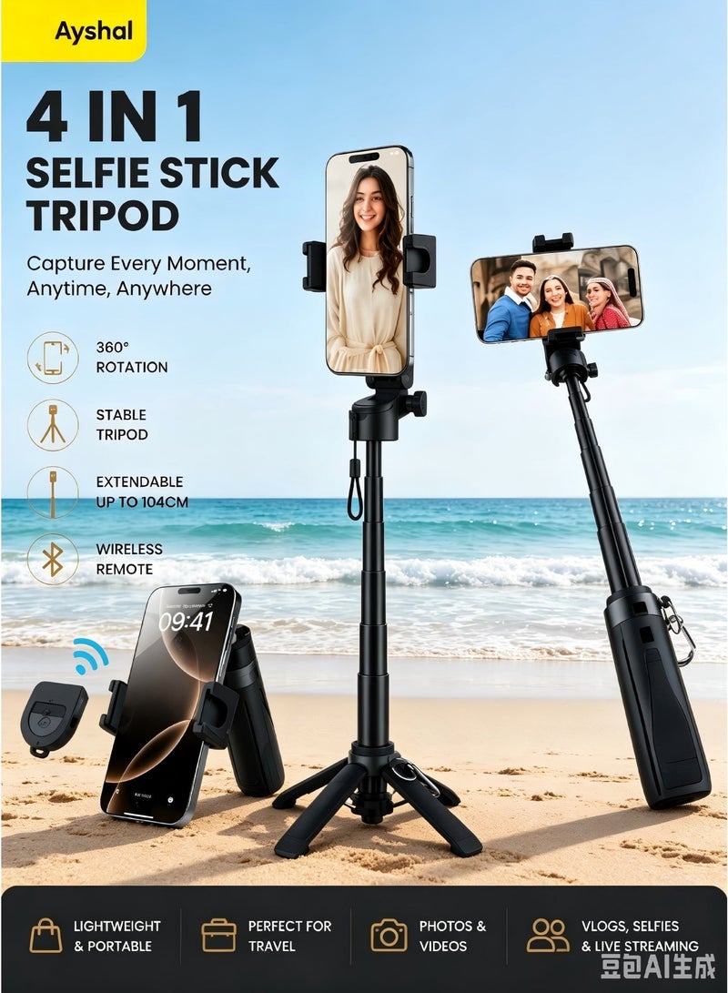 Ayshal Zoomable Bluetooth Selfie Stick - Portable Retractable Phone Holder for Taking Photos, Strong Hold for Parties/Travel/Ramadan Gifts (Black) - Image 1