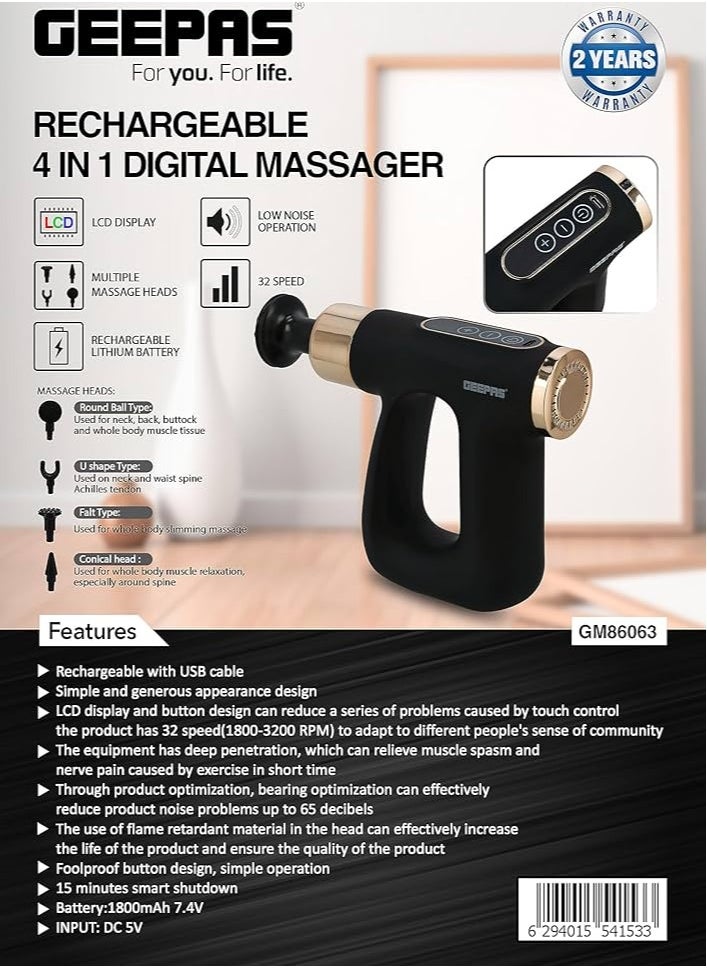 Rechargeable 4-in-1 Digital Massager, LCD Display, GM86063, 32 Speed Setting, Portable Handheld Muscle Massager for Athletes, Muscle Soreness Relief