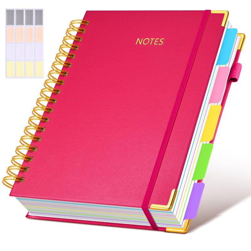 dilitego Hardcover Spiral Notebook Journal with Removable Dividers Tabs, 300 Pages Leather 5 Subject Notebook College Ruled, 8"x10" Large B5 Notebooks for Work School Note taking, Lined Journal for Women, Rose - Image 1