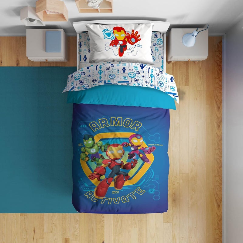 Sunny Side Up Kids Comforter Set Includes Sheets and Pillow Covers - Soft and Cozy Bed Set for Stylish Room Decor, Blue - Iron Man and His Awesome Friends, 4 Piece Toddler Bed Frame Size Bedding - Image 1