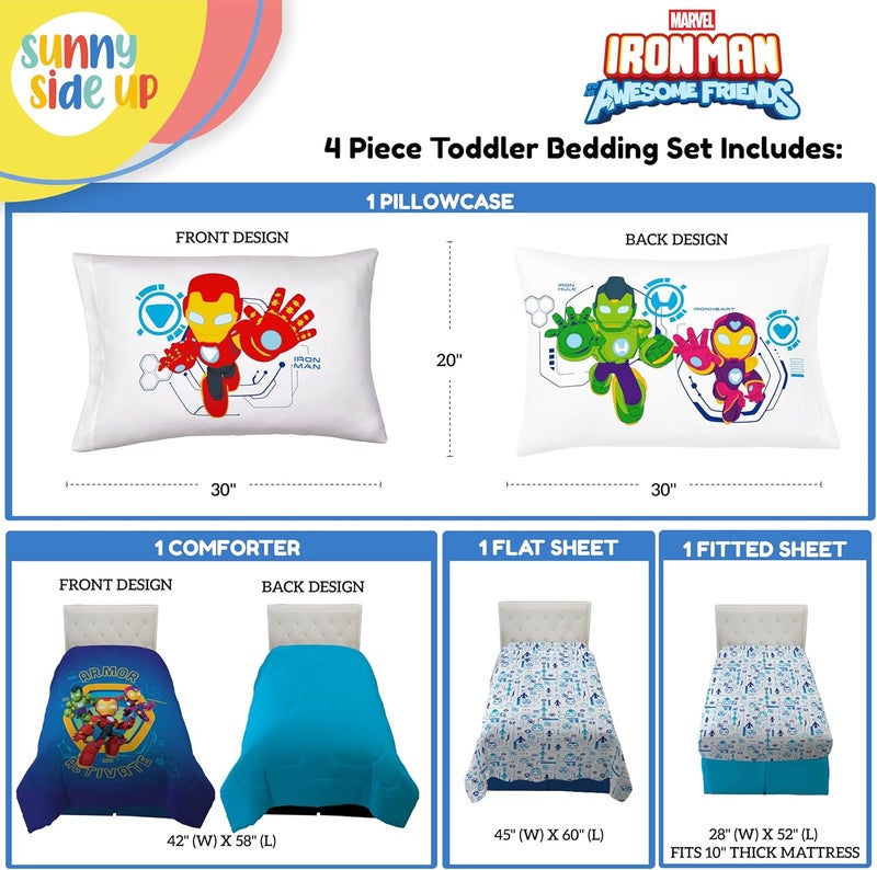 Sunny Side Up Kids Comforter Set Includes Sheets and Pillow Covers - Soft and Cozy Bed Set for Stylish Room Decor, Blue - Iron Man and His Awesome Friends, 4 Piece Toddler Bed Frame Size Bedding - Image 3