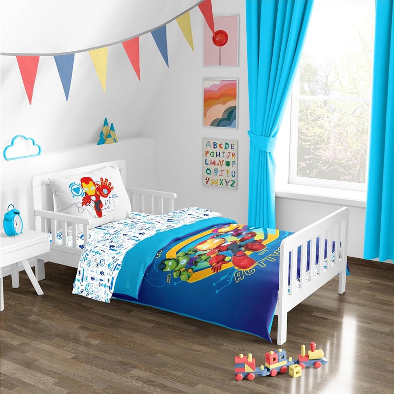 Sunny Side Up Kids Comforter Set Includes Sheets and Pillow Covers - Soft and Cozy Bed Set for Stylish Room Decor, Blue - Iron Man and His Awesome Friends, 4 Piece Toddler Bed Frame Size Bedding - Image 2