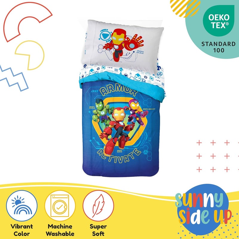 Sunny Side Up Kids Comforter Set Includes Sheets and Pillow Covers - Soft and Cozy Bed Set for Stylish Room Decor, Blue - Iron Man and His Awesome Friends, 4 Piece Toddler Bed Frame Size Bedding - Image 4
