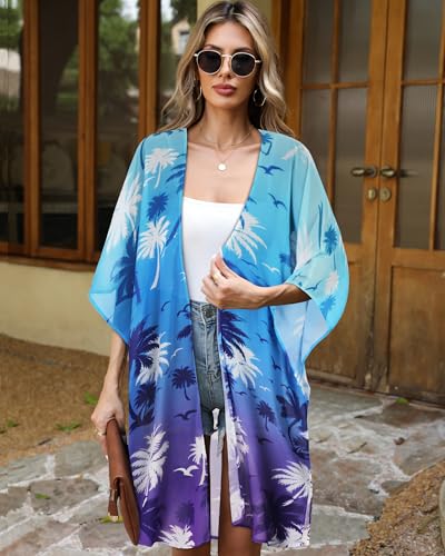CHICGAL Womens Swimsuit Coverups Summer Loose Cardigans for Swimwear Lightweight Beach Kimono (Blue Purple Coconut Tree,M) - Image 2