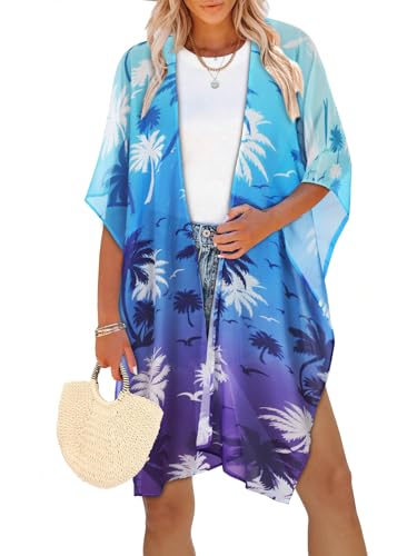 CHICGAL Womens Swimsuit Coverups Summer Loose Cardigans for Swimwear Lightweight Beach Kimono (Blue Purple Coconut Tree,M) - Image 1