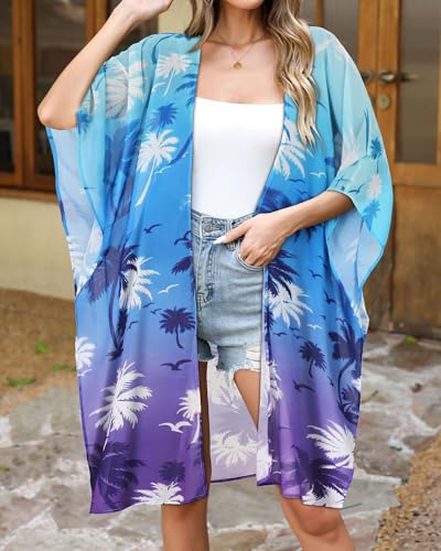 CHICGAL Womens Swimsuit Coverups Summer Loose Cardigans for Swimwear Lightweight Beach Kimono (Blue Purple Coconut Tree,M) - Image 3