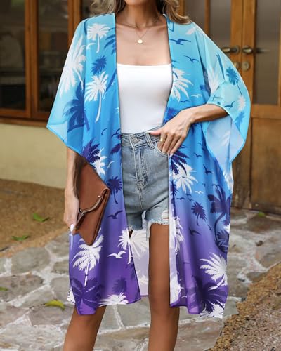 CHICGAL Womens Swimsuit Coverups Summer Loose Cardigans for Swimwear Lightweight Beach Kimono (Blue Purple Coconut Tree,M) - Image 5