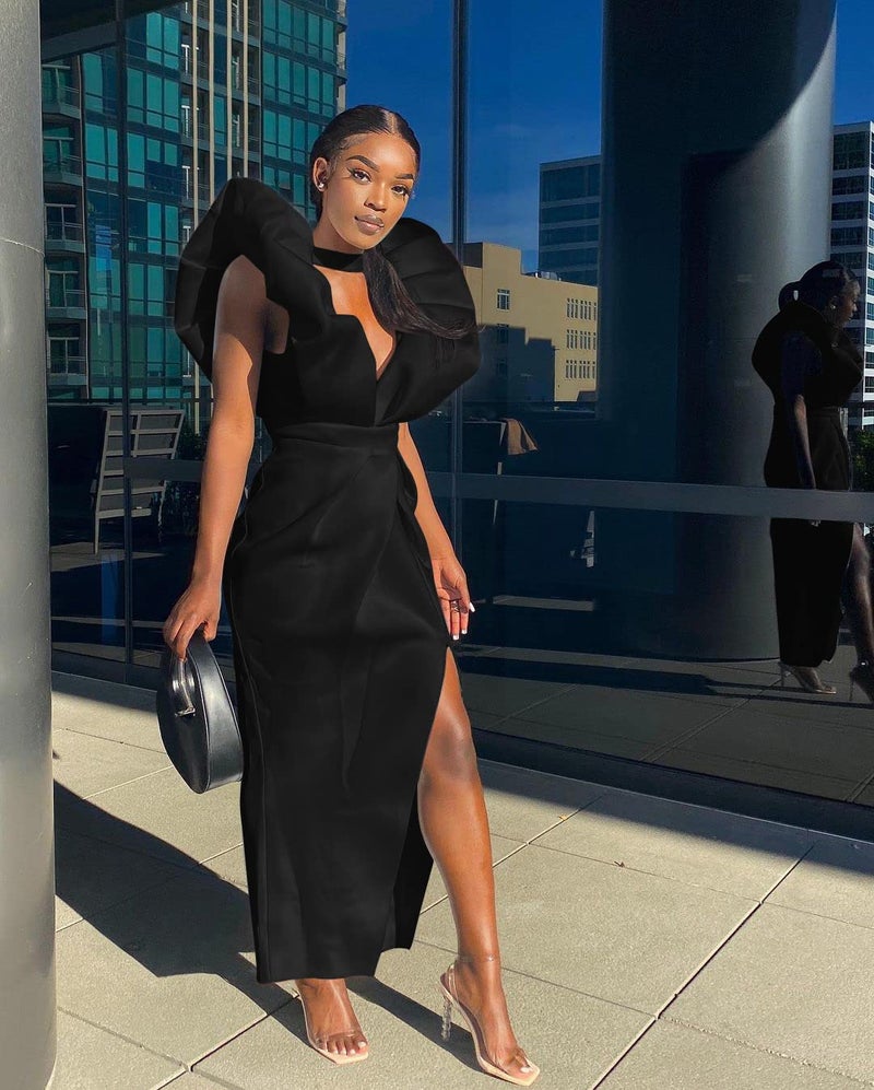 Memoriesea Women's Sexy Deep V Neck Puff Sleeve Side Split Ruched Backless Gown Dress Black - Image 4