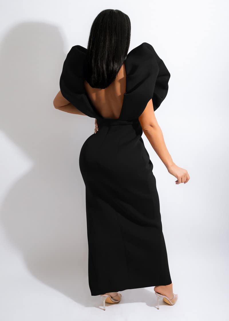 Memoriesea Women's Sexy Deep V Neck Puff Sleeve Side Split Ruched Backless Gown Dress Black - Image 2