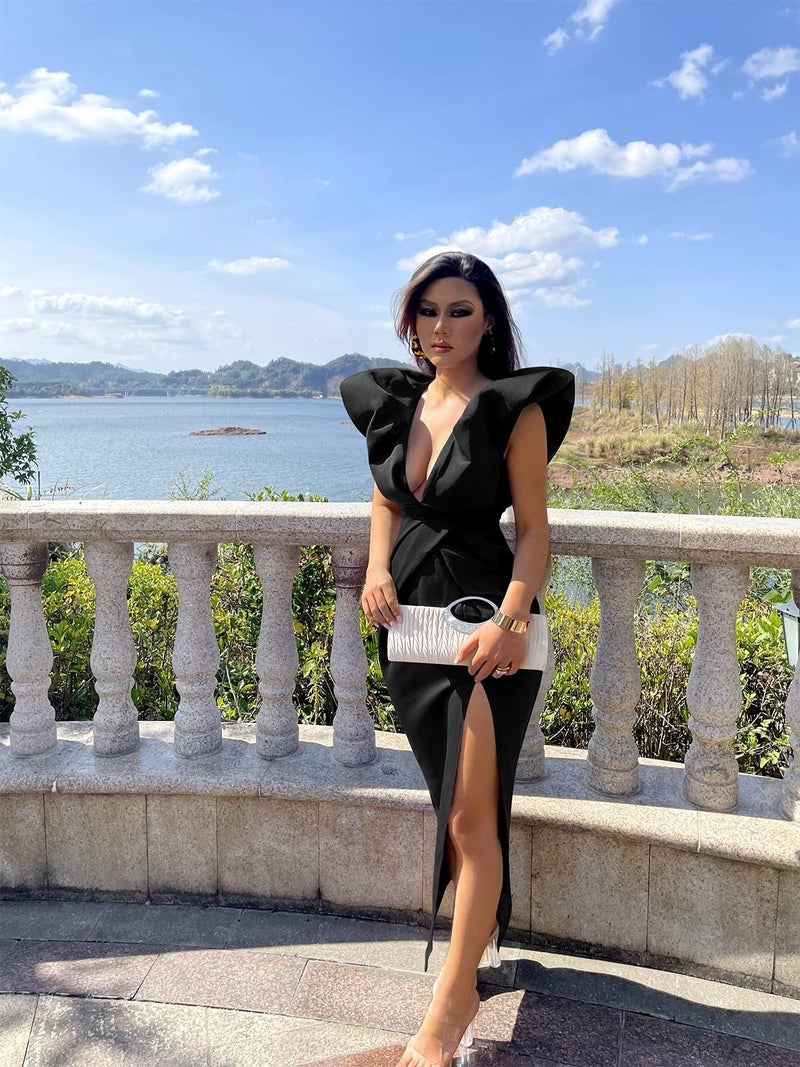 Memoriesea Women's Sexy Deep V Neck Puff Sleeve Side Split Ruched Backless Gown Dress Black - Image 5