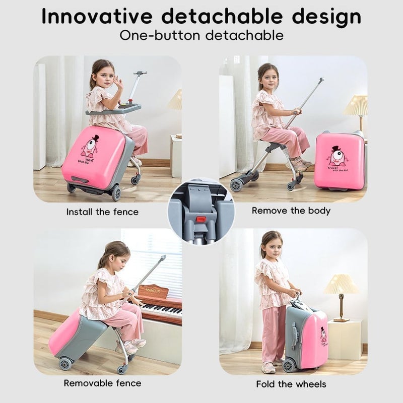 20 Inch Ride-On Suitcase with Spinner Wheels, 2-in-1 Hardside Luggage and Stroller for Travel, Foldable and Expandable Carry-On Trolley with Safety Rail, Brakes and Storage - Lightweight, Durable - Image 2