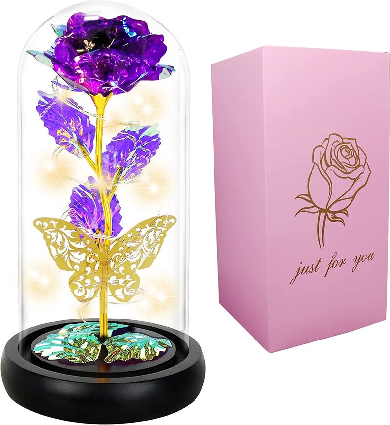 AUSAYE Valentines Day Rose Gifts for Her Women Gold Butterfly Colorful Purple Flower Gifts for Mom Mother Led Light Preserved Rose in Glass DomeGalaxy Rose Women Gift Birthday Gifts for Valentines 