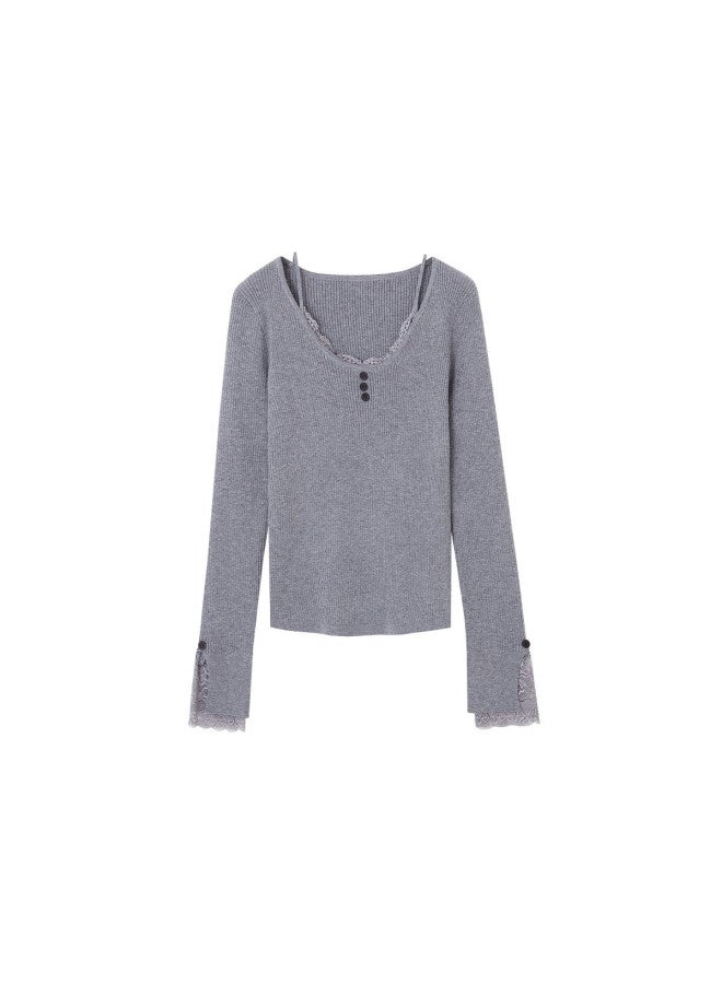 Mt Slim Fit Short Wool Blend Lace Splice U-neck Knit Sweater For Women - Autumn Collection - Image 4