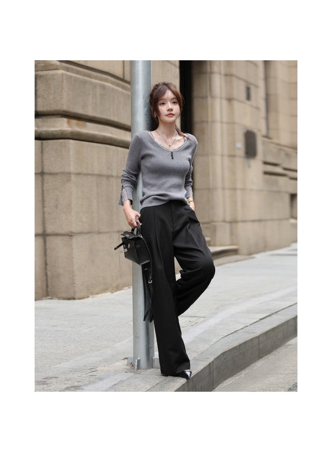 Mt Slim Fit Short Wool Blend Lace Splice U-neck Knit Sweater For Women - Autumn Collection - Image 3