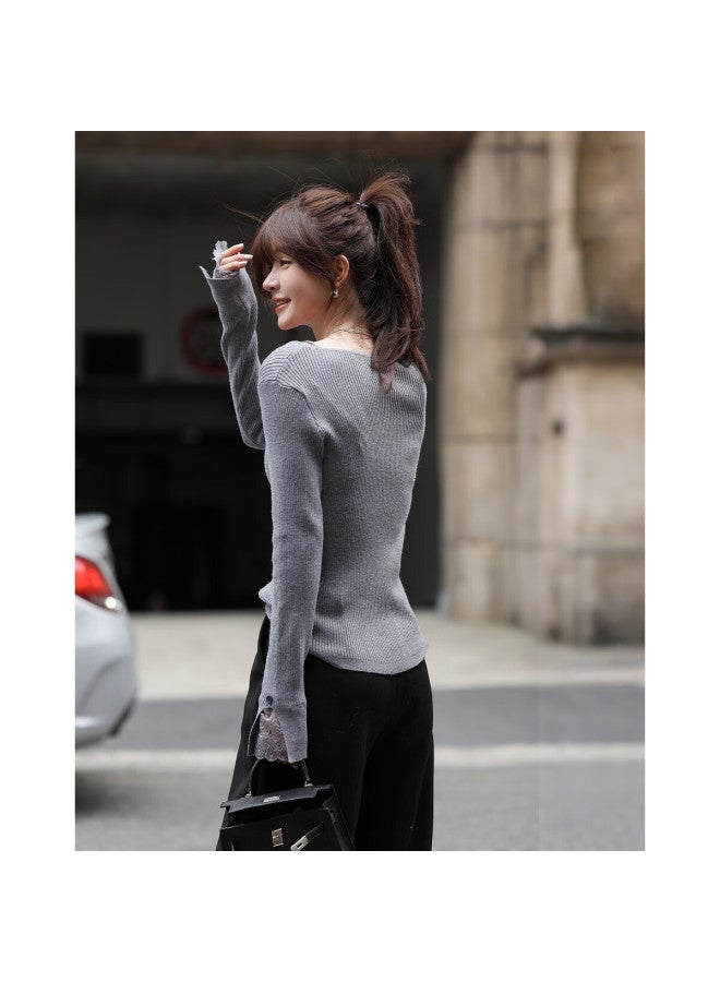 Mt Slim Fit Short Wool Blend Lace Splice U-neck Knit Sweater For Women - Autumn Collection - Image 2