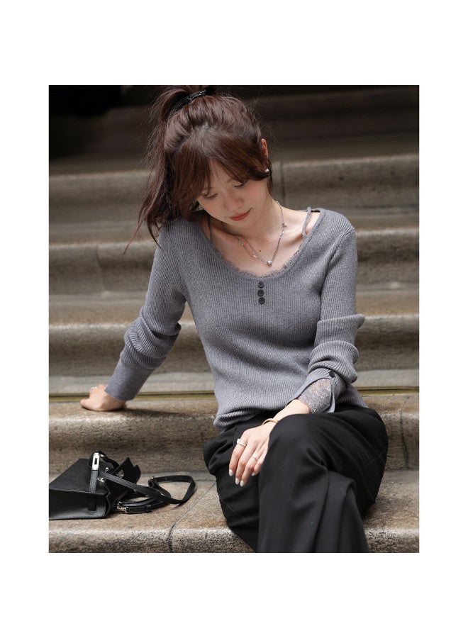 Mt Slim Fit Short Wool Blend Lace Splice U-neck Knit Sweater For Women - Autumn Collection - Image 1