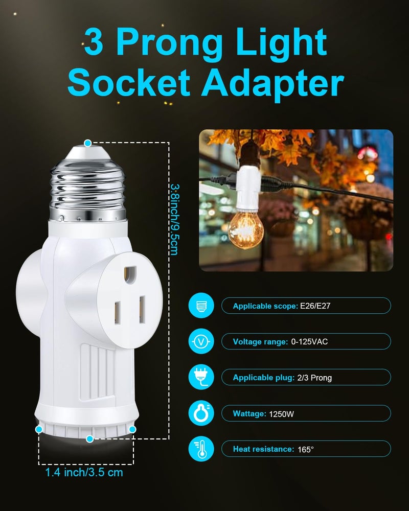 SerBion Light Socket Outlet Adapter, 3 Prong Light Socket Adapter, Polarized Light Bulb Outlet Socket, to Plug Adapter for Garage Porch (White, 2) - Image 2