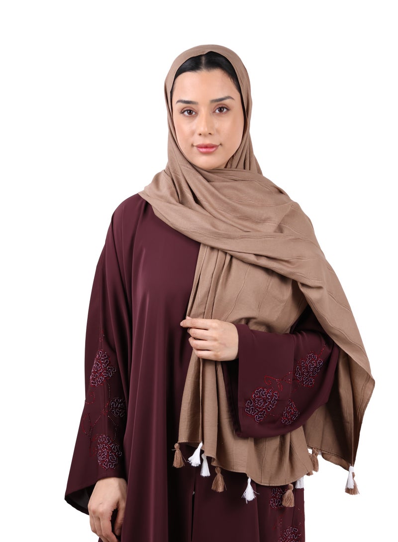 جميلة وشاح قطني مجعّد مع حواف شرّابات - بني موكا - Image 1