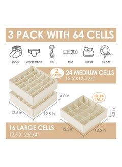 Cuken 3 Pack Organizer Dividers, 64 Cell Fabric Foldable Cabinet Closet Organizers and Storage Boxes for Storing Socks, Underwear, Ties  - Image 2