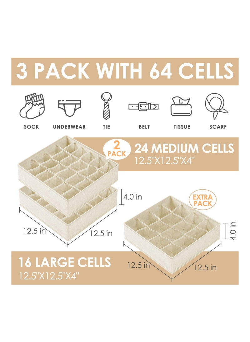 Cuken - 3 Pack Organizer Dividers, 64 Cell Fabric Foldable Cabinet Closet Organizers and Storage Boxes for Storing Socks, Underwear, Ties - Image 1