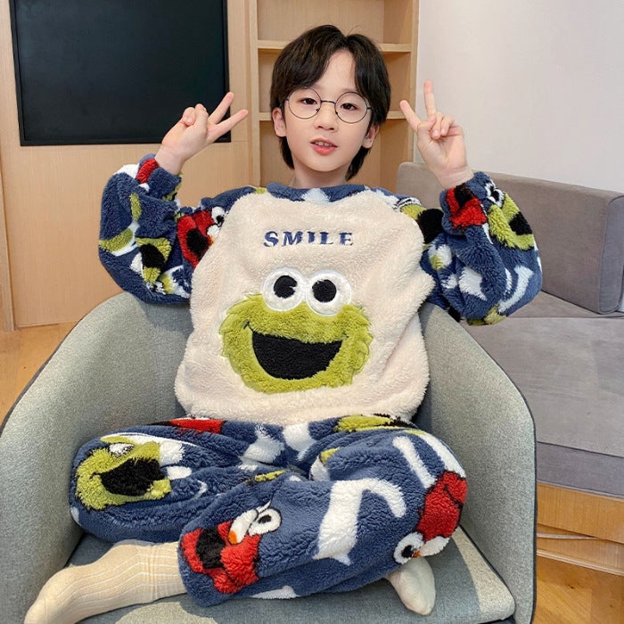 Autumn and Winter Plush Childrens Pajamas Boys Cute Cartoon Thickened Warm Coral Fleece Childrens Home Clothes 27054# 
