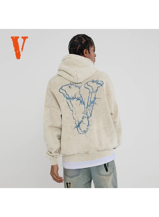 Vlone Thorns Large Logo Print Washed Loose Hoodie Uni Beige Black - Image 3