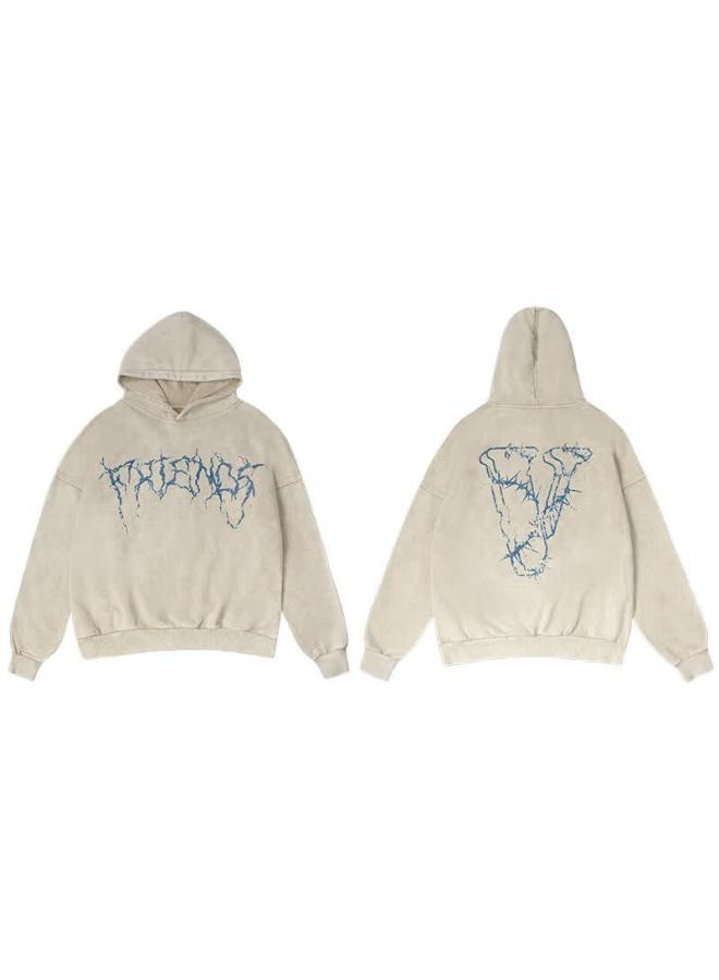 Vlone Thorns Large Logo Print Washed Loose Hoodie Uni Beige Black - Image 4