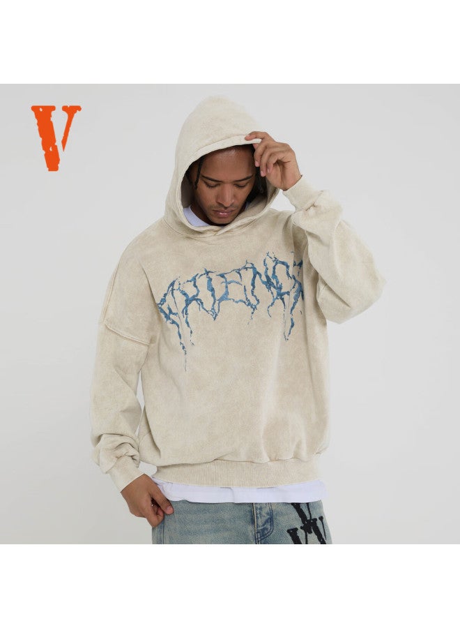 Vlone Thorns Large Logo Print Washed Loose Hoodie Uni Beige Black - Image 2