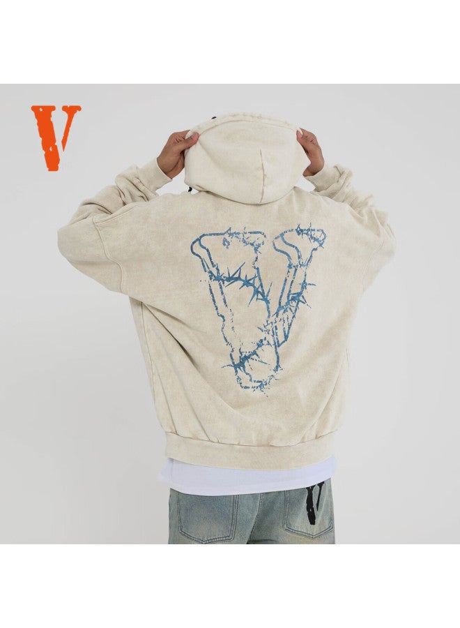 Vlone Thorns Large Logo Print Washed Loose Hoodie Uni Beige Black - Image 1
