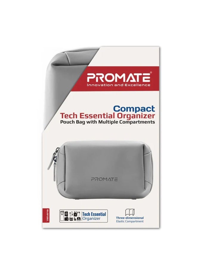 PROMATE Mini Tech Organizer Pouch – Compact Travel Cable Bag with Multiple Compartments for Chargers, Earphones, Cables, USB, SD Cards – Waterproof PU Material, Lightweight and Durable, Modern Stylish Design for Daily & Travel Use – Velvena Grey  - Image 1