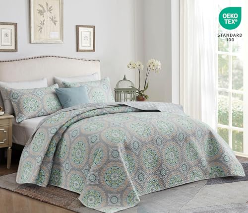 CHIXIN Boho Quilt Queen Size - Bohemian Chic Medallion Design - Lightweight Bedspread Coverlet Set, Ultrasonic Quilting Mandala Bedding Cover for All Season, 3 Piece, Aqua Blue - Image 3