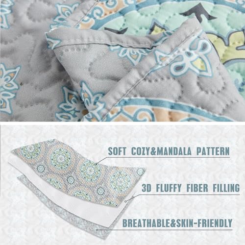 CHIXIN Boho Quilt Queen Size - Bohemian Chic Medallion Design - Lightweight Bedspread Coverlet Set, Ultrasonic Quilting Mandala Bedding Cover for All Season, 3 Piece, Aqua Blue - Image 5